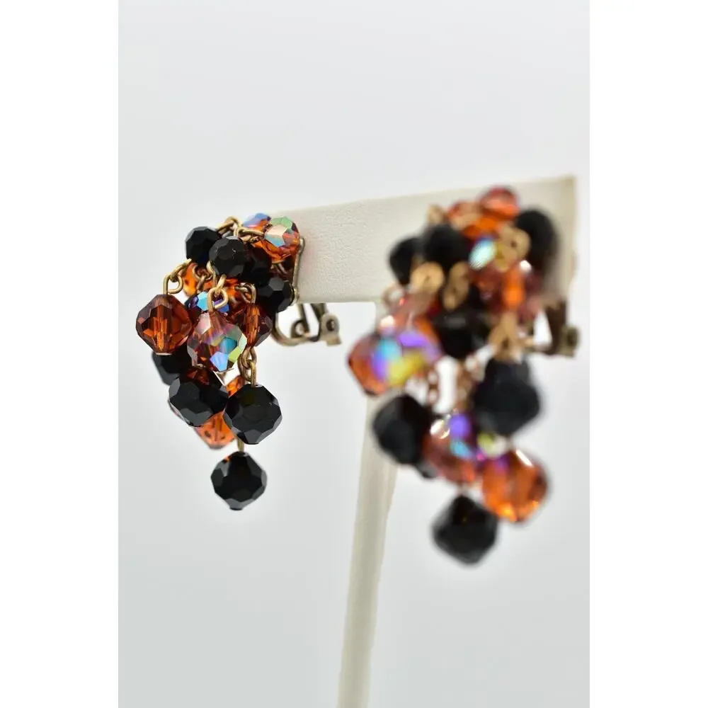 Laguna Vintage Clip On Crystal Earrings Chandelier Black Orange Signed 1950s A24